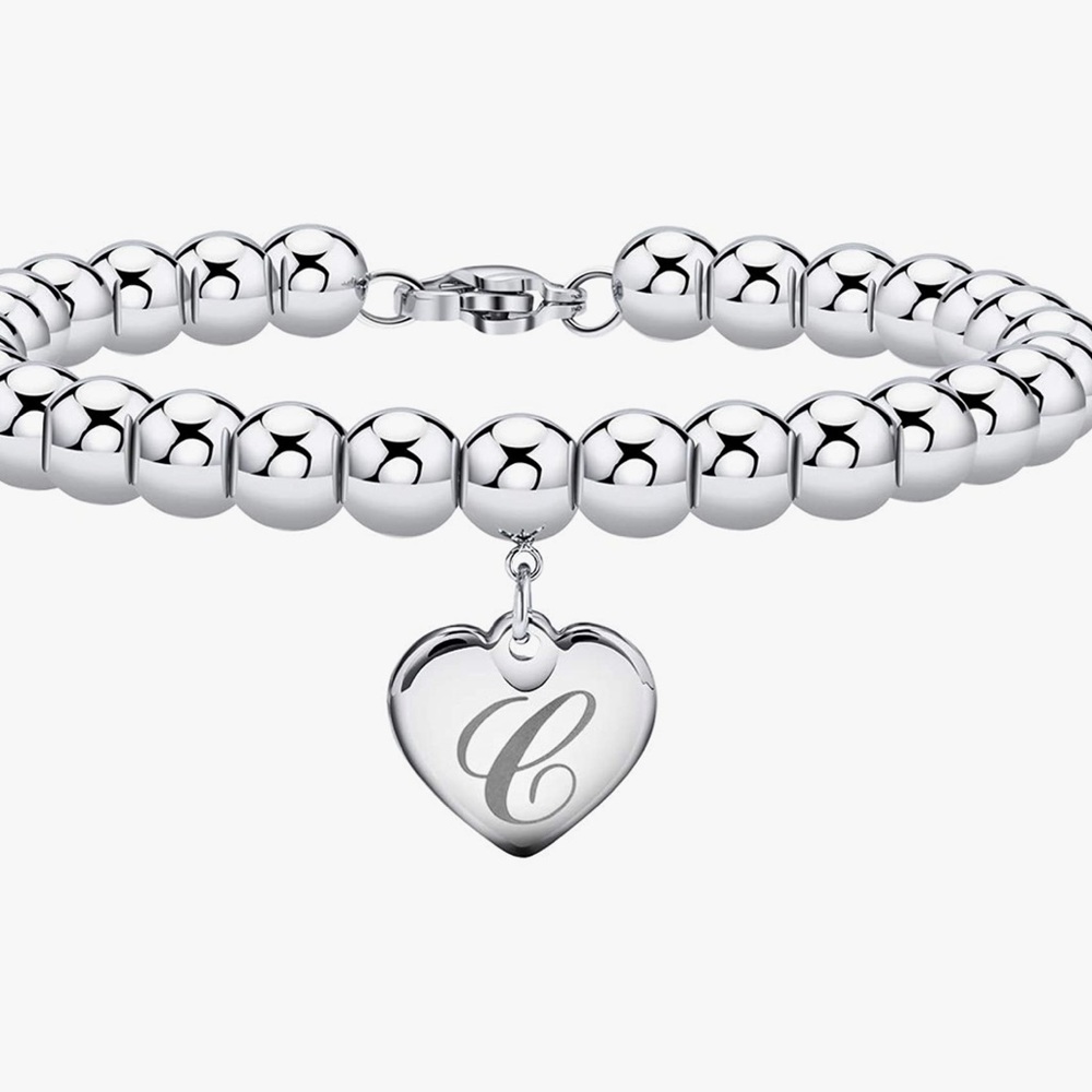 Initial Heart Charm Bracelets 6mm Stainless Beads